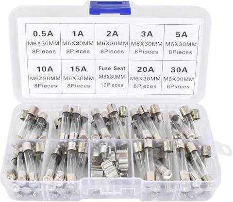 72PCS 6x30mm 250V Glass Fuse Assortment Kit with Fuse Holder - M6x30mm Fast Blow Fuses 0.5A to 30A (Plastic Box) - مجموعة فواصم زجاجية مع حامل فيوزات
