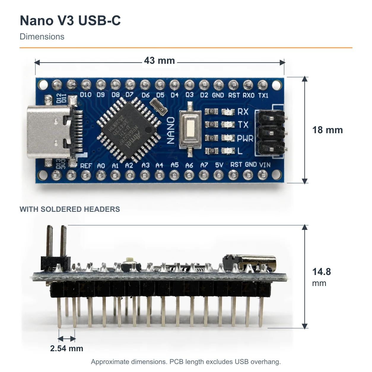 Arduino Nano V3.0 ATmega328P Development Board USB Type-C CH340C (Unsoldered Headers) - لوحة تطوير أردوينو نانو Type-C