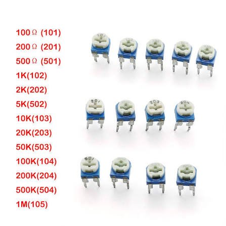 65pcs Trimming Potentiometer top adjustment 100ohm-1Mohm Variable Resistors Assorted Kit 13Type* 5pcs (Plastic Bag) - مجموعة مقاومات متغيرة Potentiometer
